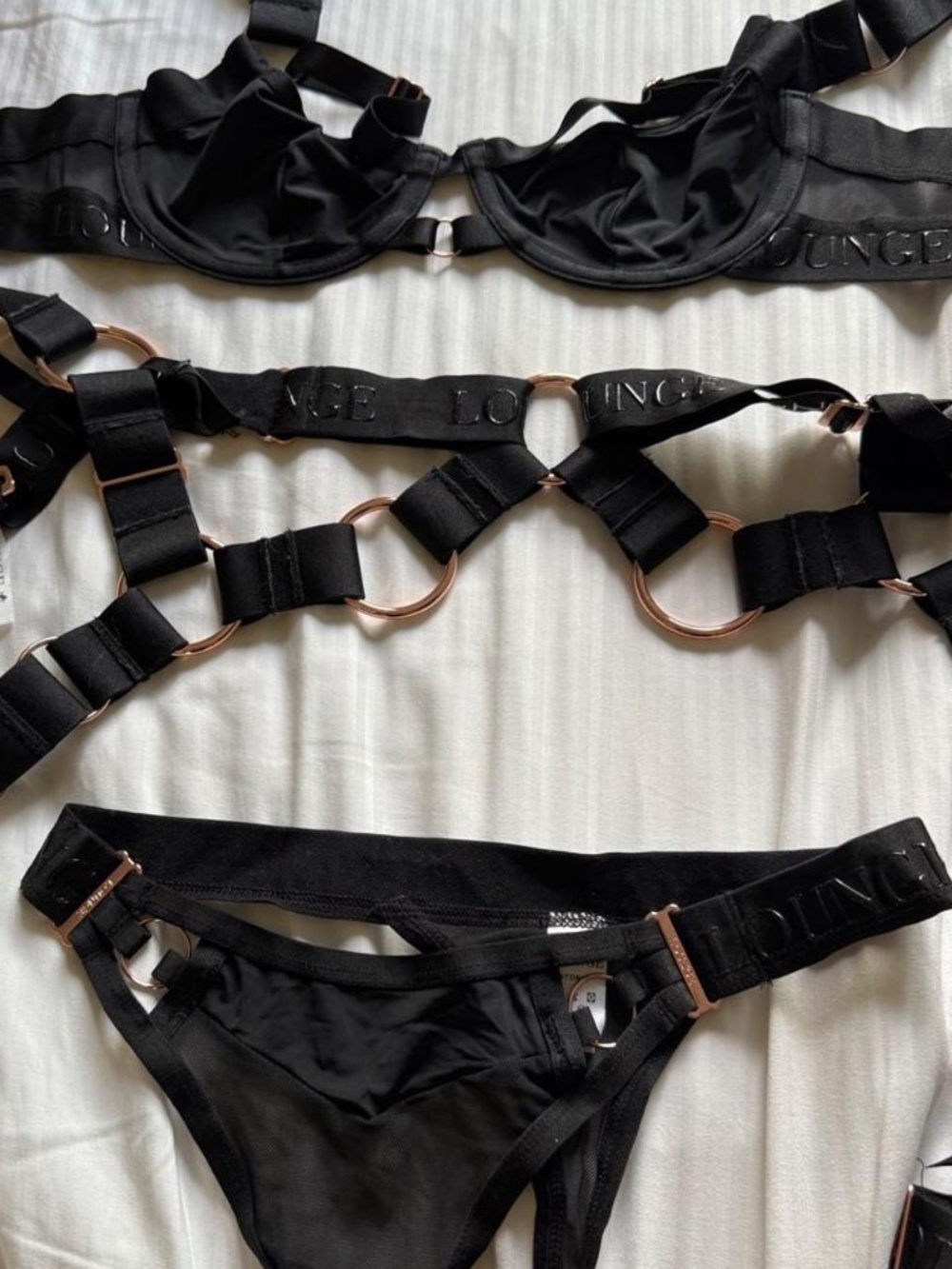 Lounge Black Satin Strappy 3-Piece Lingerie Set